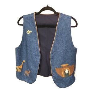 Vintage Noah’s Ark Rare Denim Vest With Embroidered suede leather appliqués
